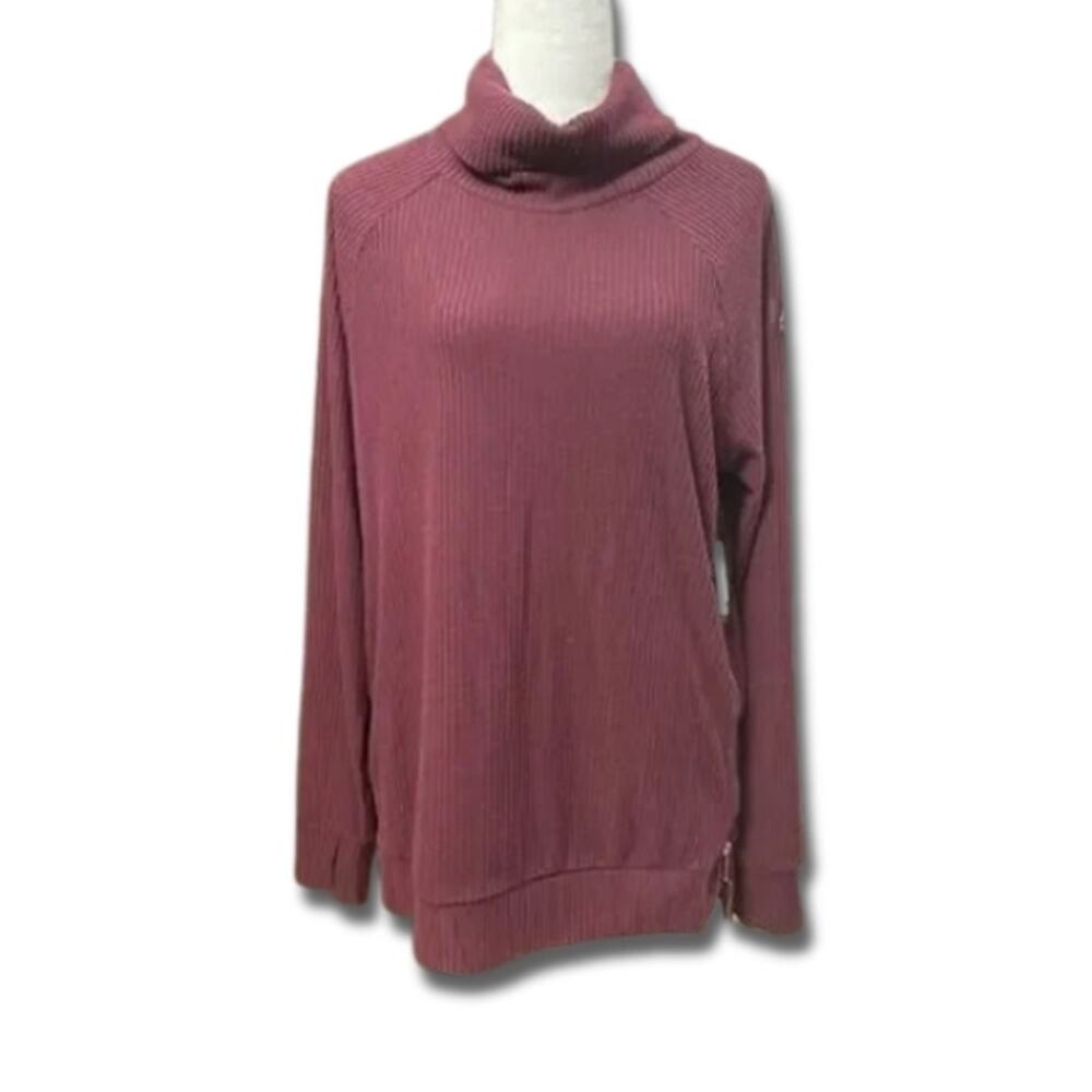 Andrew Marc Sport Turtle Neck Top Side Zipper Relaxed Fit Ribbed Burgundy L NWT